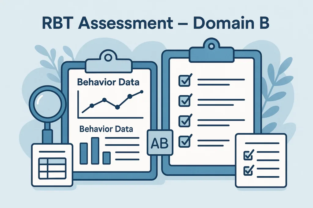 RBT Assessment banner with clipboards and behavior data graphics representing ABA evaluation