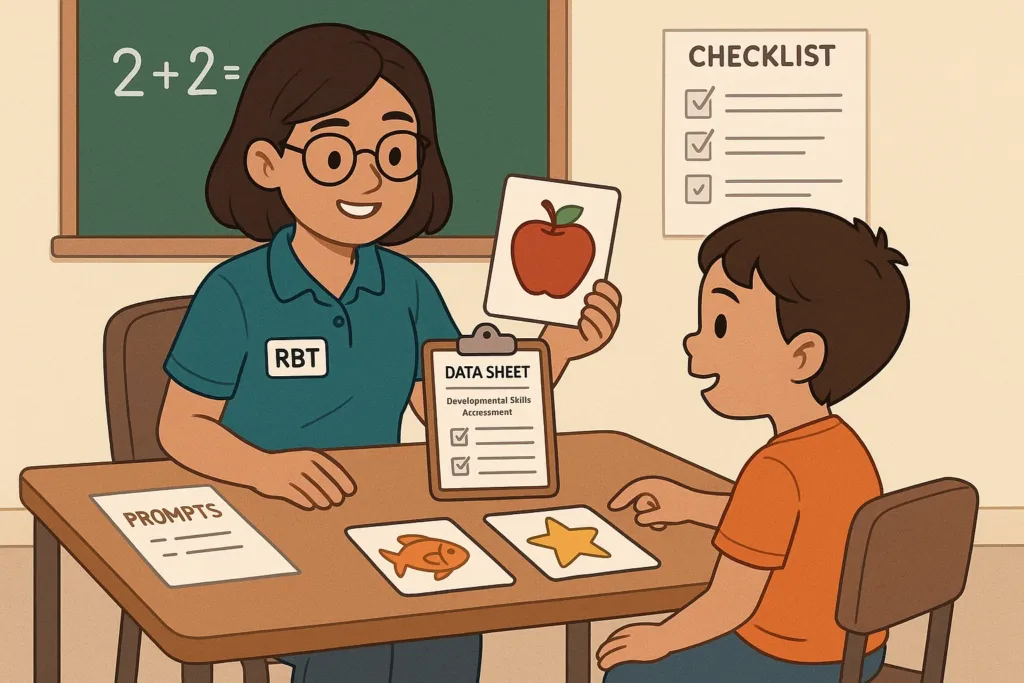 RBT assisting with a developmental ABA assessment using flashcards and data collection sheet