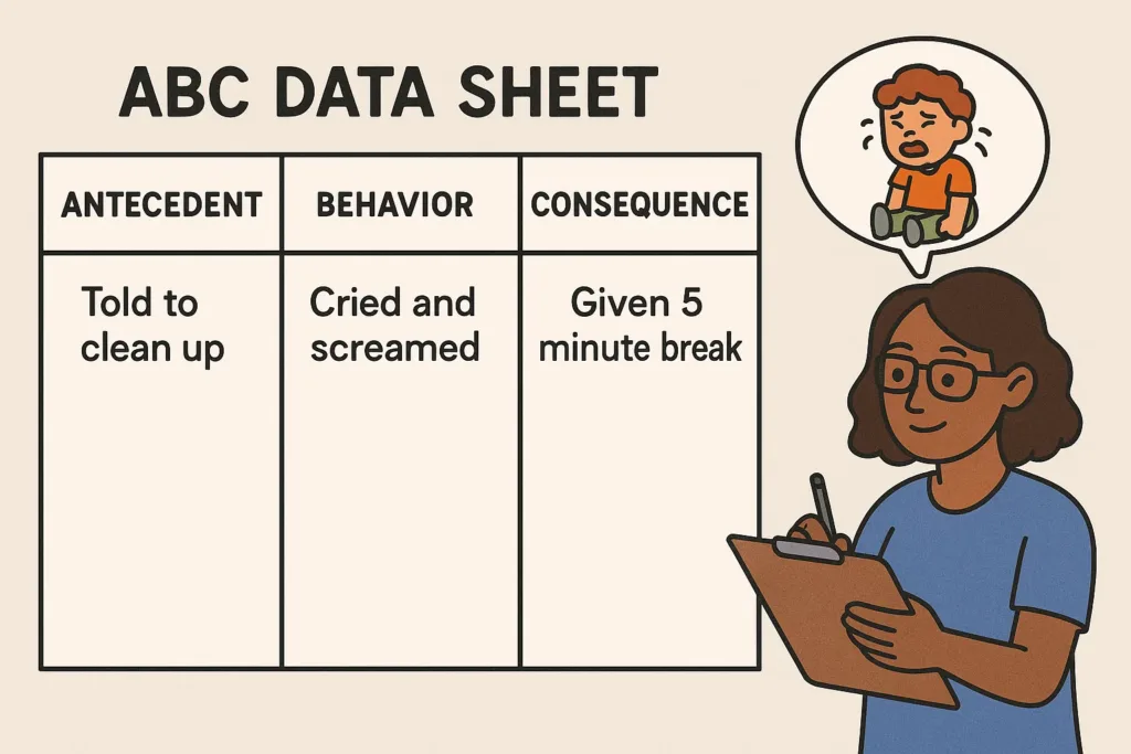 ABC data sheet with sample entries for antecedent, behavior, and consequence in ABA therapy