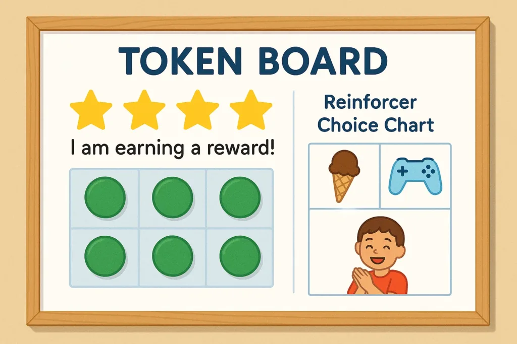 Example of token economy system used in ABA with tokens and reward board