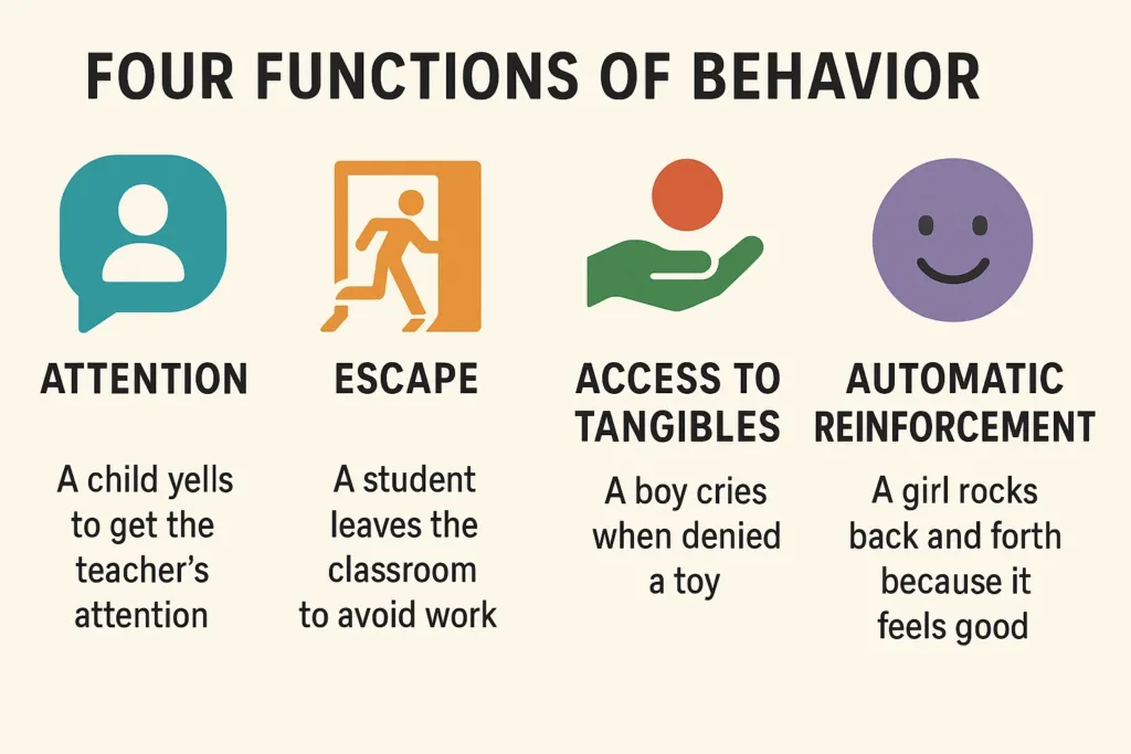 Infographic showing the four functions of behavior in ABA with icons and examples