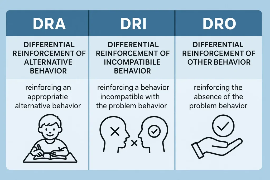 Chart comparing DRA, DRI, and DRO differential reinforcement strategies in ABA