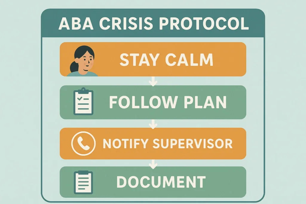 Flowchart showing RBT crisis protocol for emergency behavior intervention in ABA
