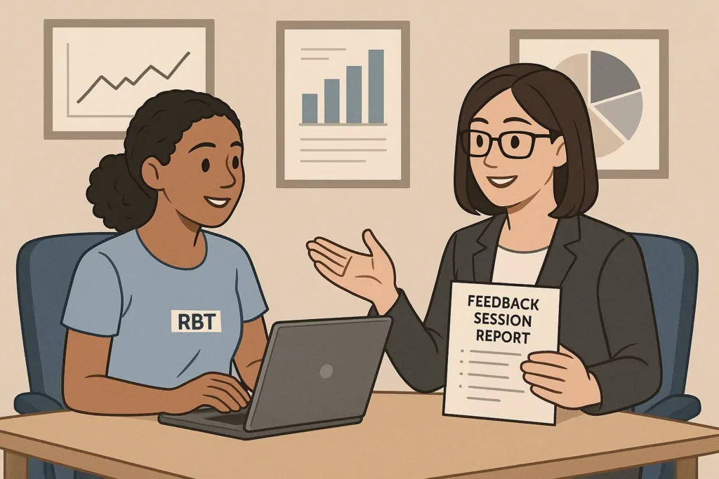 Illustration of RBT communicating session updates to supervisor with data visuals