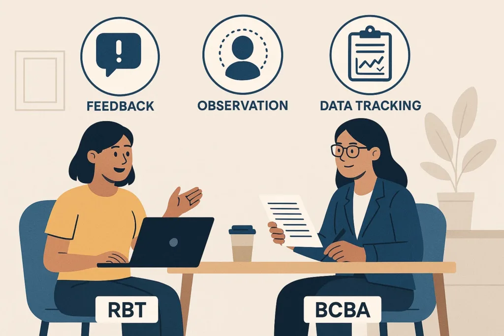 Illustration of RBT receiving supervision and feedback from BCBA