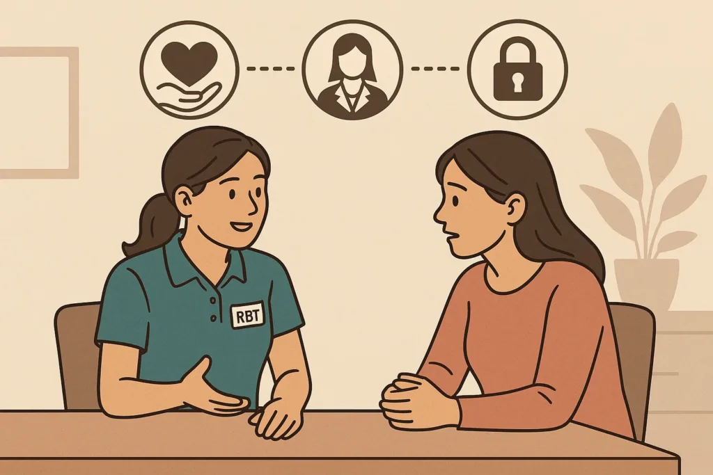 Illustration of RBT professionally communicating with a client’s parent or caregiver