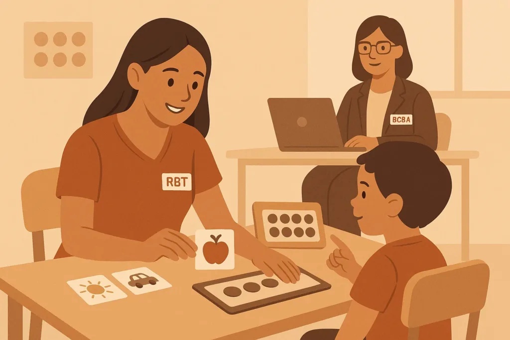 Illustration of a Registered Behavior Technician helping a child during an ABA therapy session