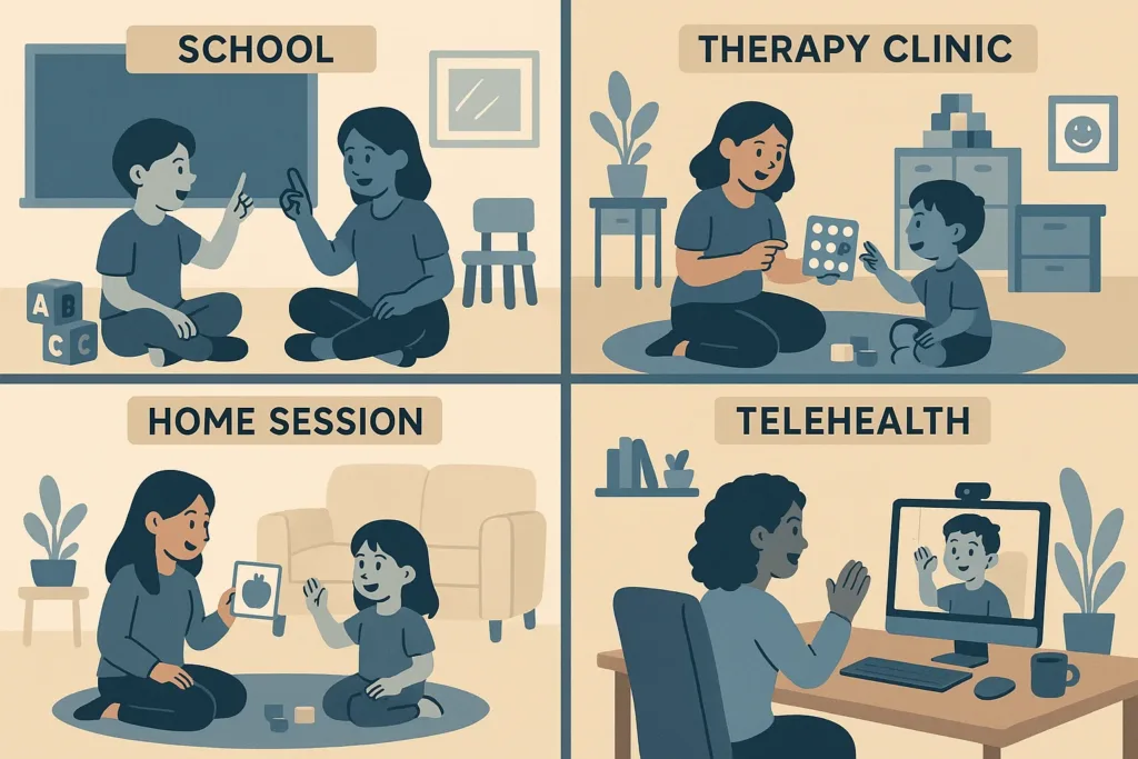 Illustration of work environments for ABA professionals including school, clinic, home, and telehealth settings