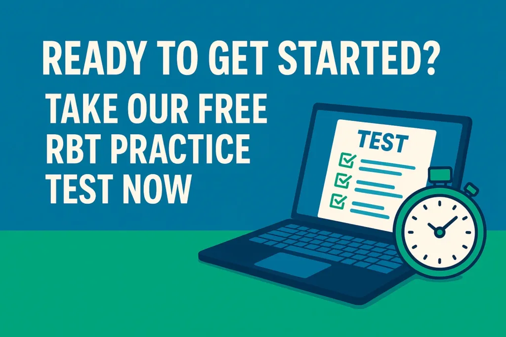 Promotional banner for free RBT practice test with a timer, laptop, and CTA button