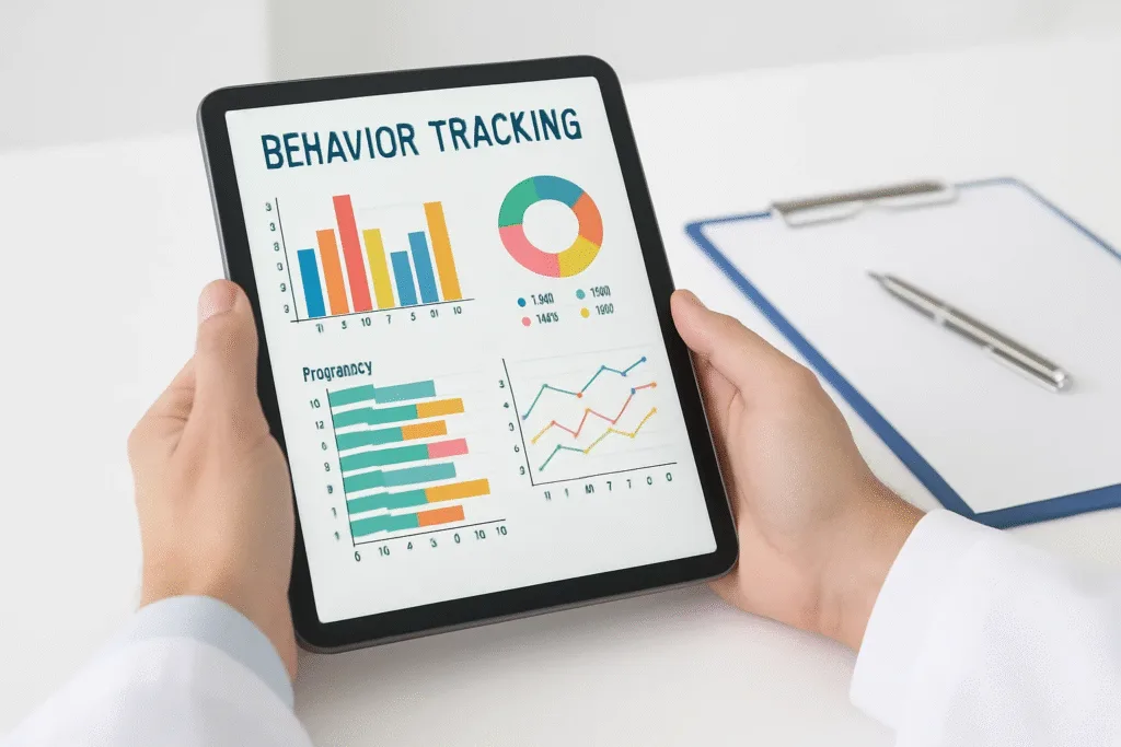 Essential RBT skills for data collection showing behavior technician tracking client progress on digital tablet with charts.