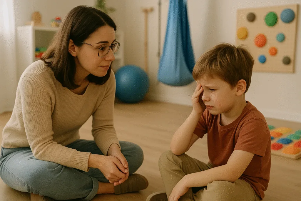 Professional RBT skills in action as behavior technician shows patience and empathy while working with upset child.