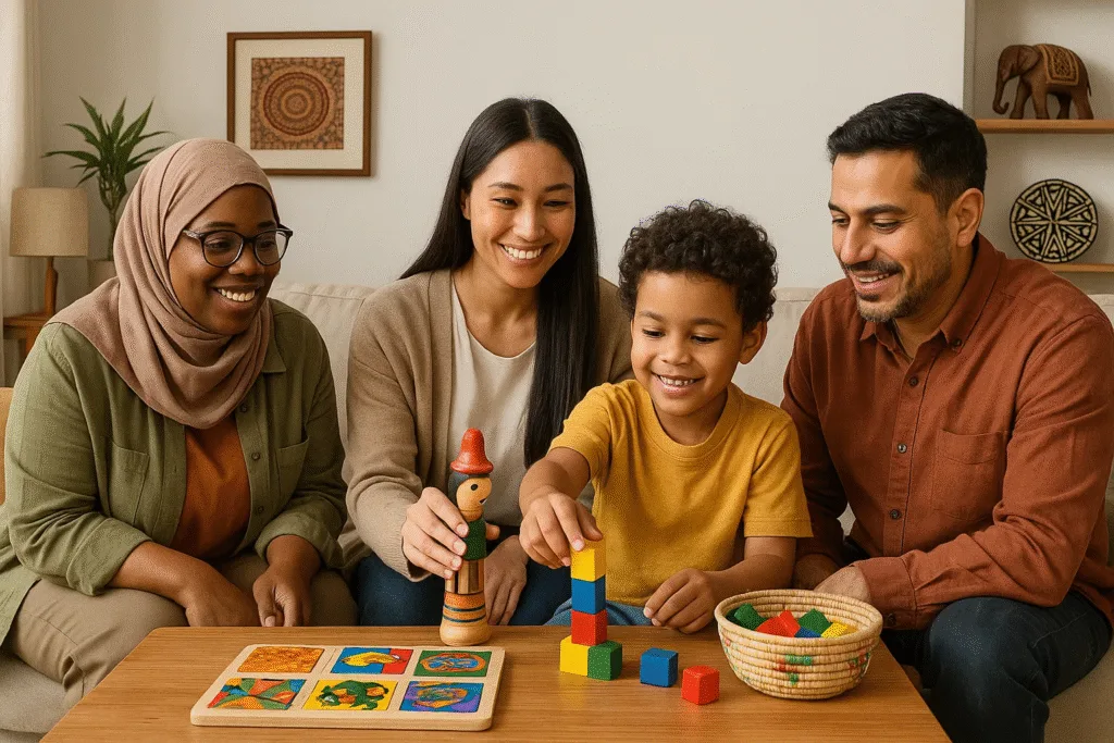 Cultural competence RBT skills demonstrated by behavior technician working respectfully with diverse family using culturally relevant materials.