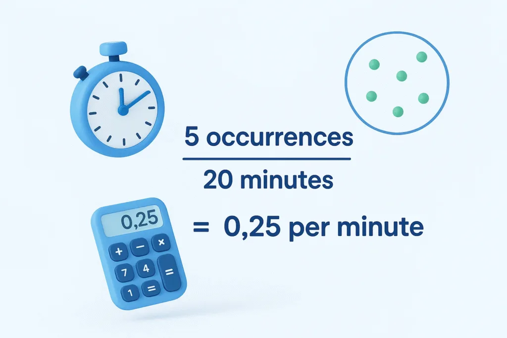 Animated demonstration of RBT exam rate calculation showing 5 behavioral occurrences divided by 20 minutes equals 0.25 per minute