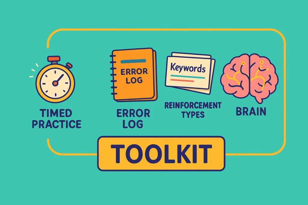 Animated study toolkit showing essential RBT exam preparation tips including timed practice, error logging, keyword recognition, and visual aids