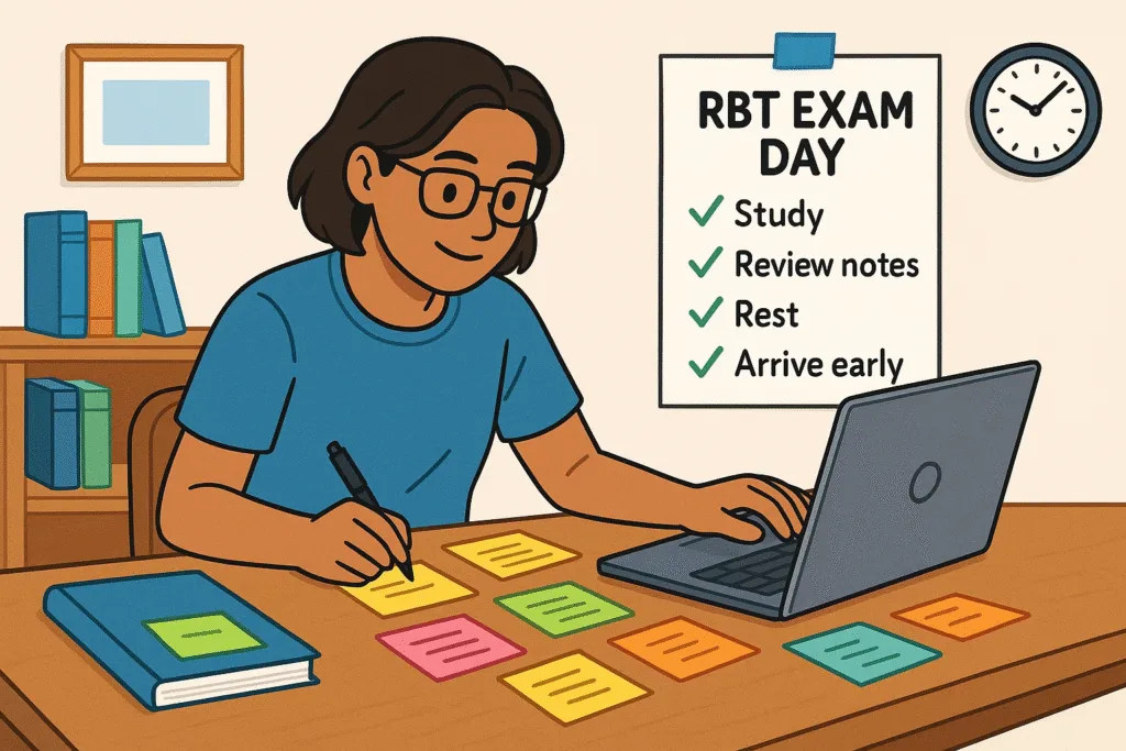Student preparing for RBT exam day with notes and guidelines checklist