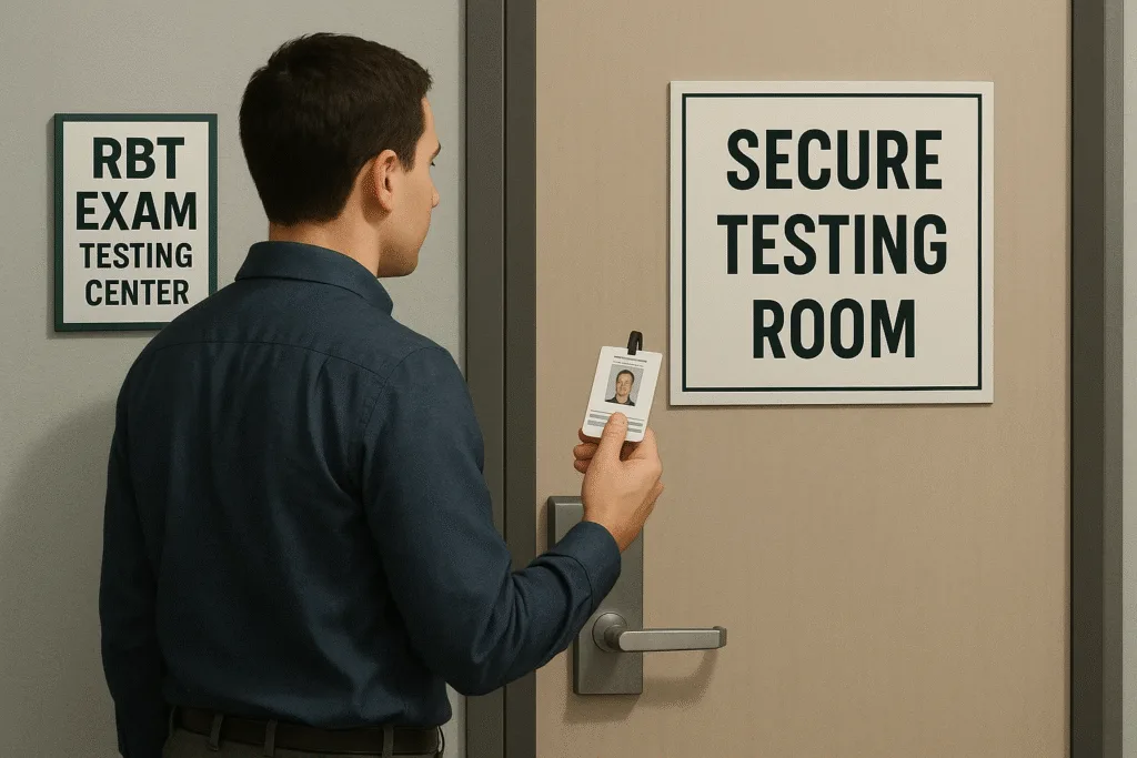 Test taker entering RBT exam testing center following exam day guidelines