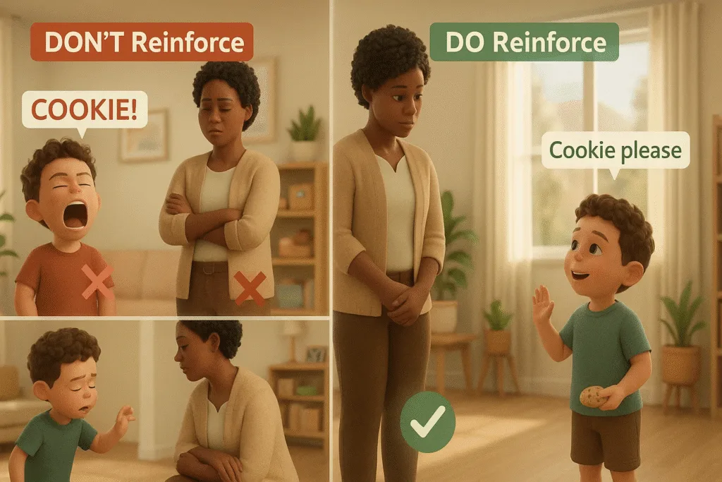Differential reinforcement RBT demonstration showing parent ignoring screaming, throwing, and whining behaviors while reinforcing polite asking behavior with cookie for RBT exam preparation and DRA ABA understanding