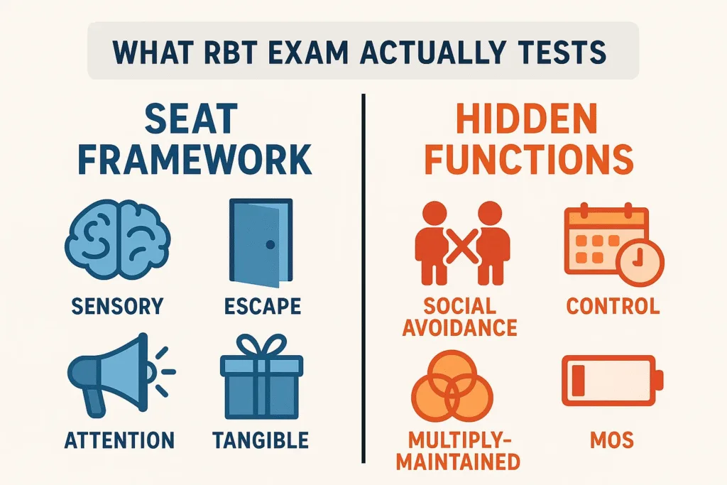 Infographic comparing basic SEAT framework with hidden functions of behavior ABA tested on RBT exam
