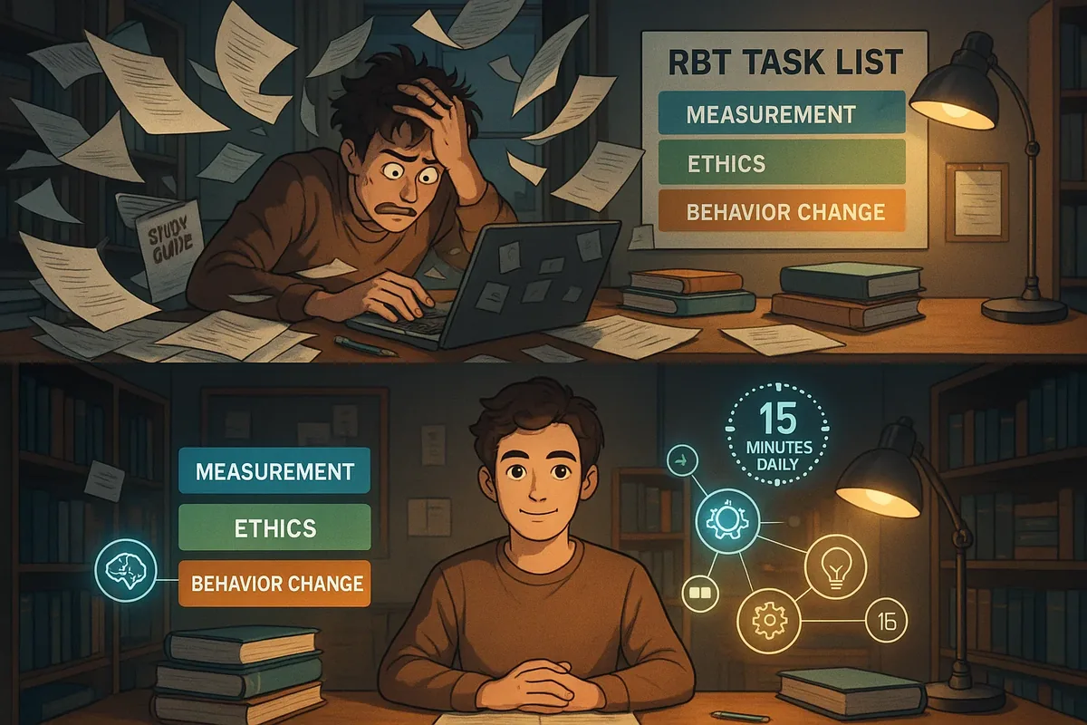 Study materials organised by the six content areas of the RBT Test Content Outline, compared with scattered unstructured notes