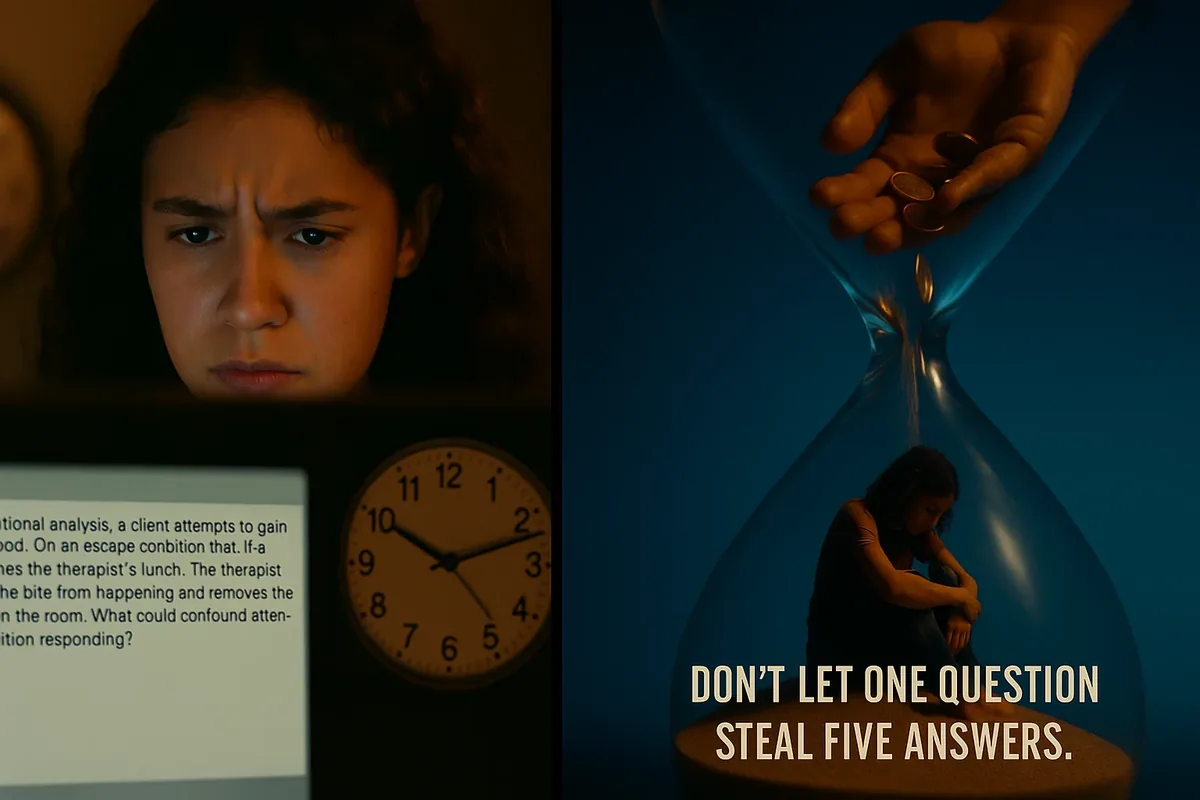RBT exam time management mistakes visualization showing stressed student spending too much time on one question while easier RBT practice test questions slip away - common RBT exam tips for avoiding time traps