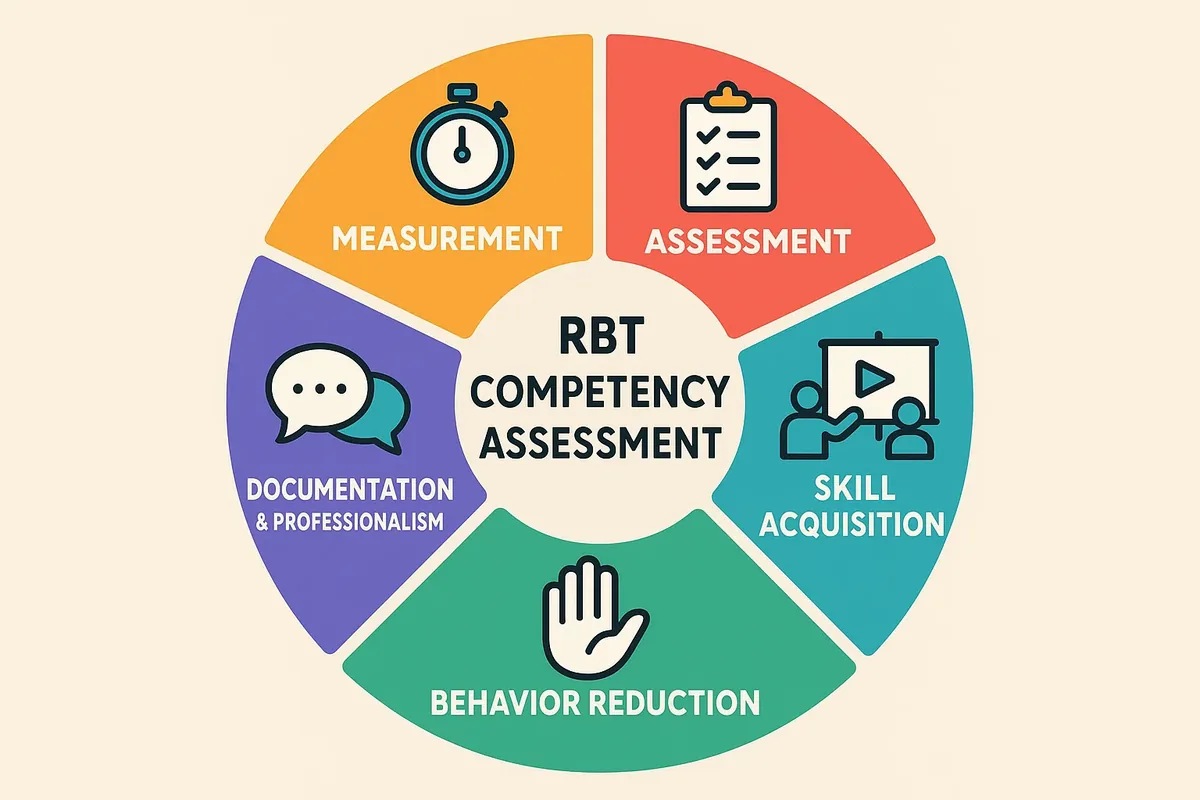 RBT Competency Assessment five domains circular diagram showing Measurement, Assessment, Skill Acquisition, Behavior Reduction, and Documentation & Professionalism