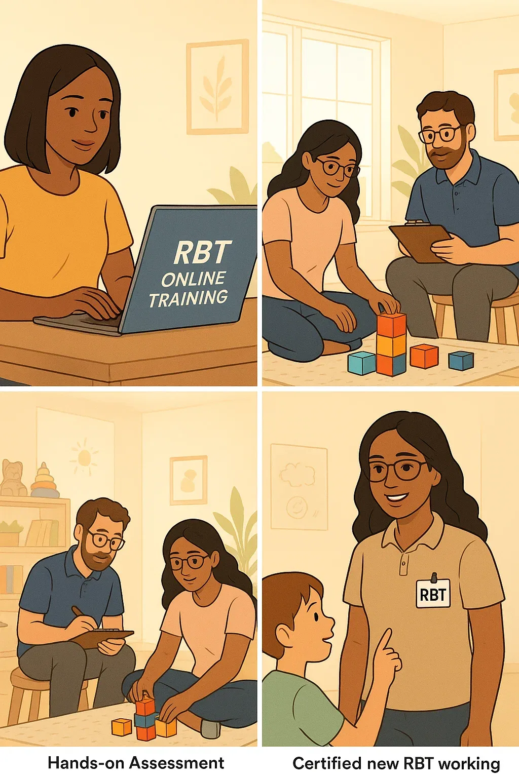 RBT training progression illustration showing online learning, hands-on assessment, and certified RBT working with client