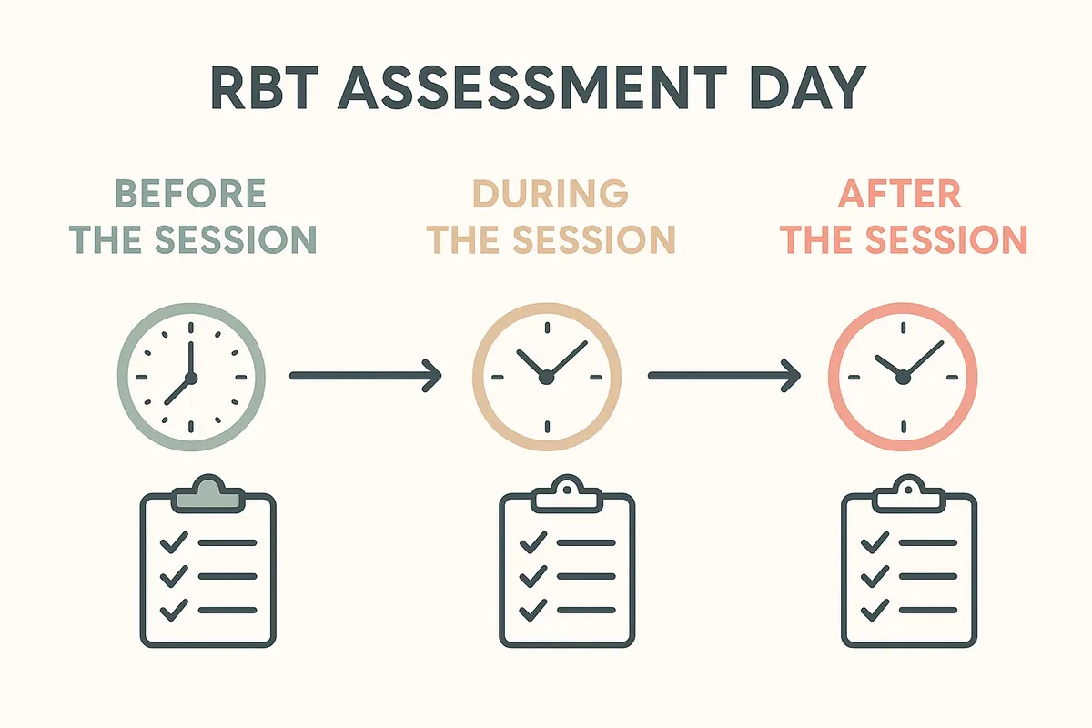 RBT Assessment Day timeline showing before, during, and after session phases with clock and checklist icons