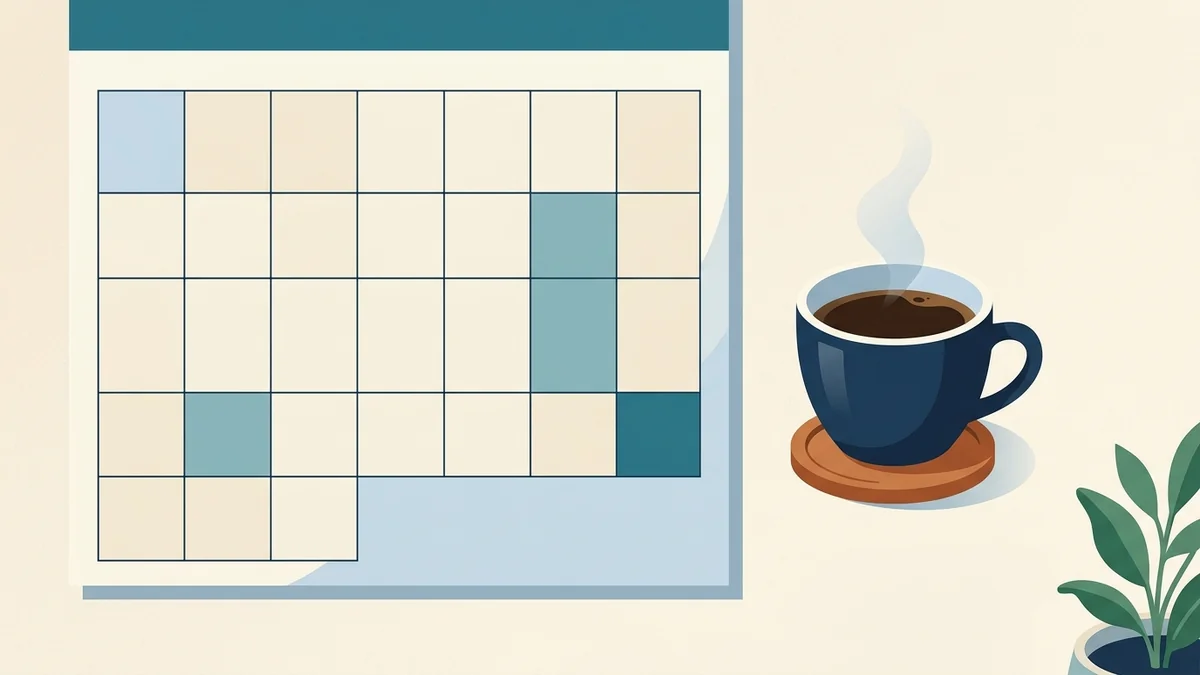 Blank calendar grid and coffee cup representing a four-week RBT exam study plan