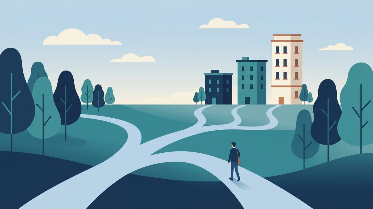 Three paths leading to buildings of increasing height, representing ABA, RBT and BCBA career paths
