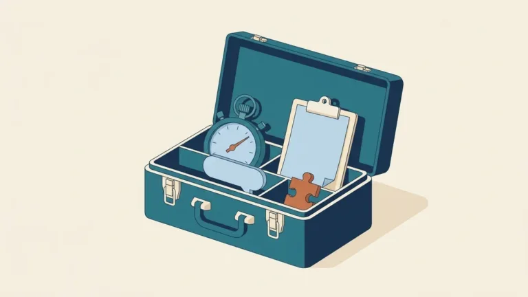 Open toolbox holding a stopwatch, clipboard and puzzle piece, representing essential RBT skills