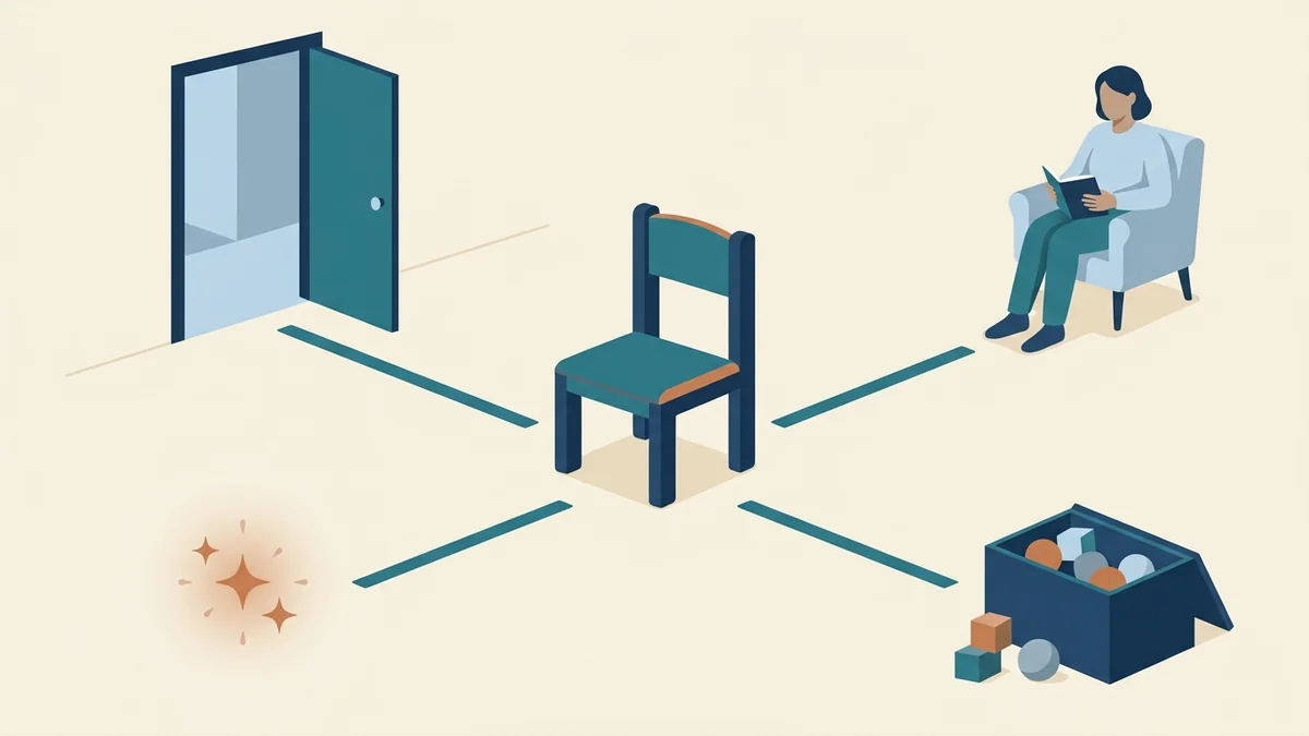 Chair with four paths leading to a sparkle, a door, an adult and a toy box, representing the four functions of behavior