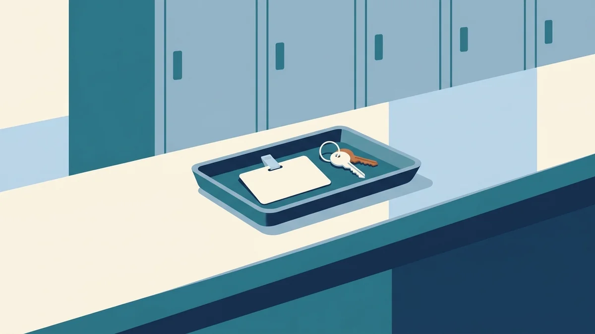 ID card and keys in a tray at a Pearson VUE check-in counter