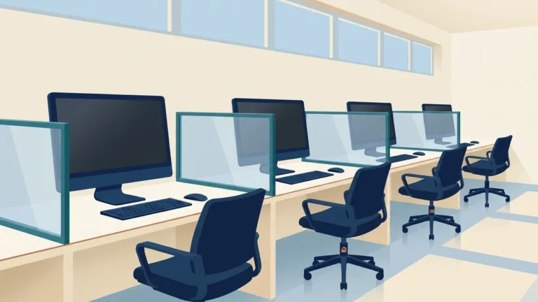 Empty testing room with partitioned computer workstations, like a Pearson VUE test center