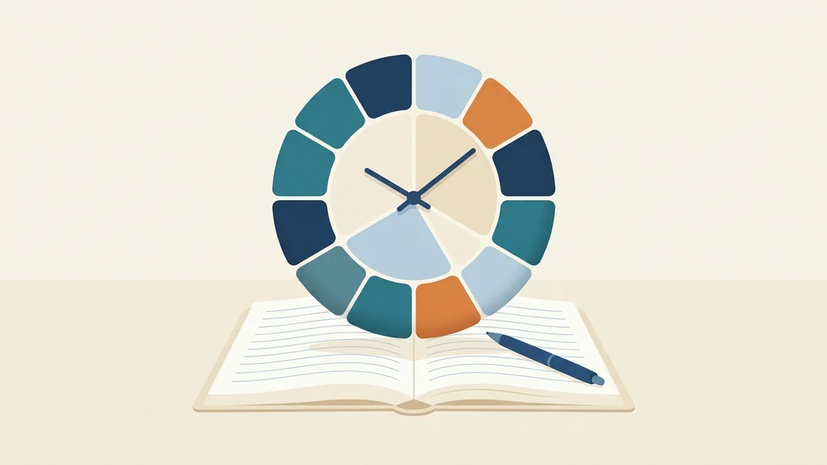 Clock made of uneven segments above a notebook, representing time split across 40-hour training sections