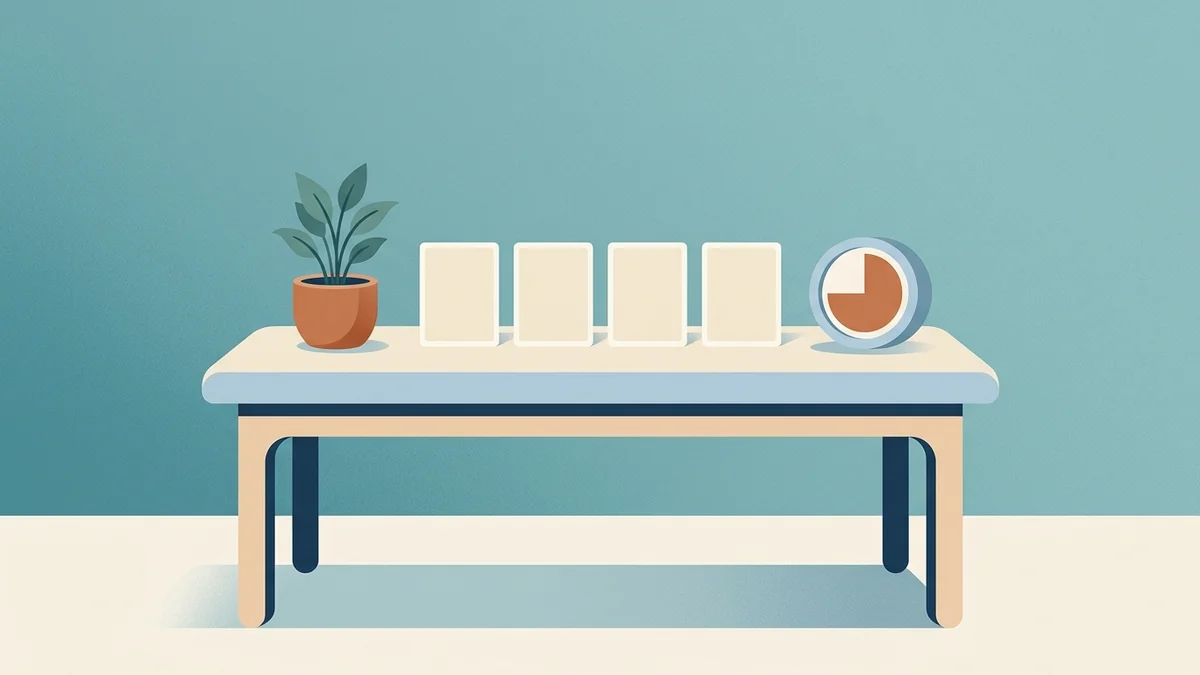 Therapy table with picture cards and a visual timer for the behavior reduction quiz