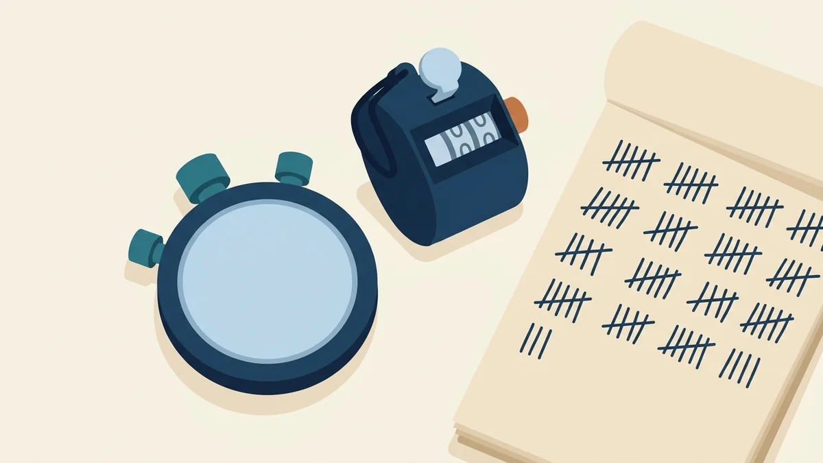 Stopwatch, tally counter and tally marks used to calculate rate of behavior