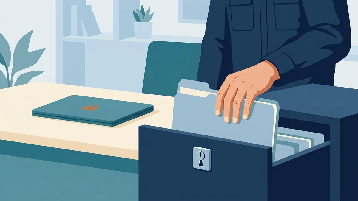 RBT filing client records in a locked drawer beside a locked laptop to protect confidential information