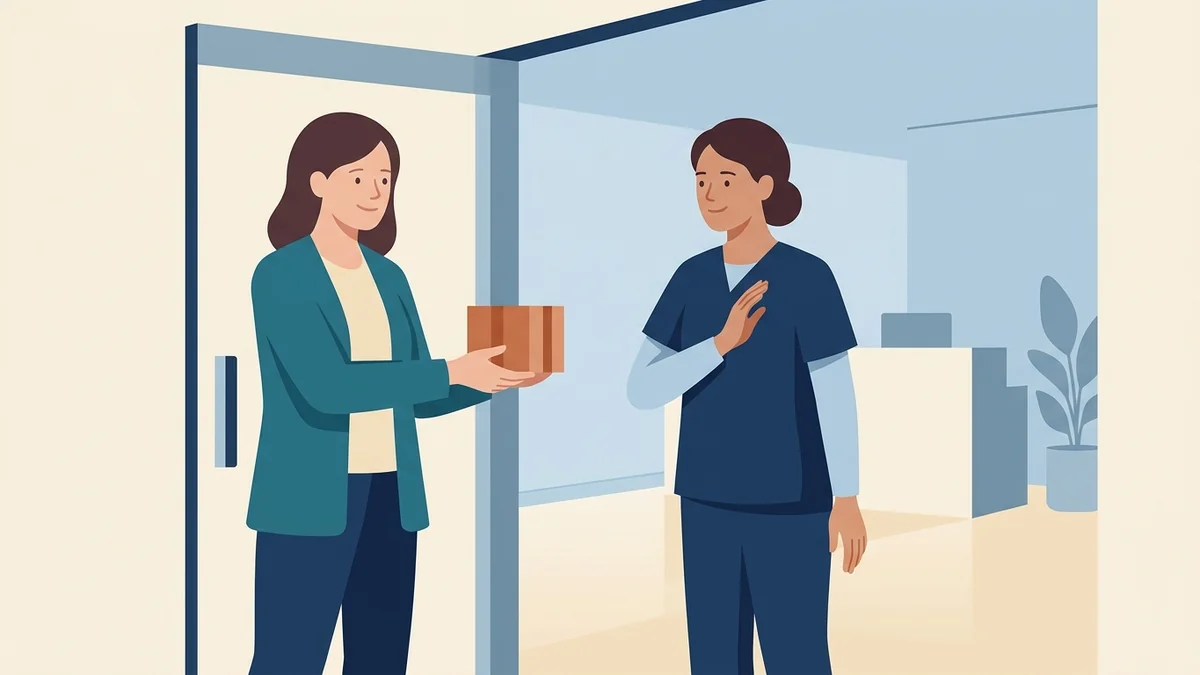 Parent offering a wrapped gift and an RBT politely declining at the clinic door