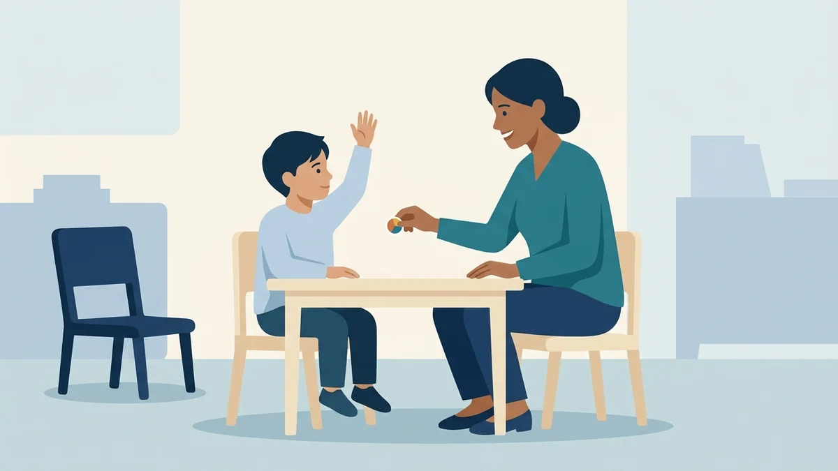 RBT reinforcing a child who raises a hand politely at the table