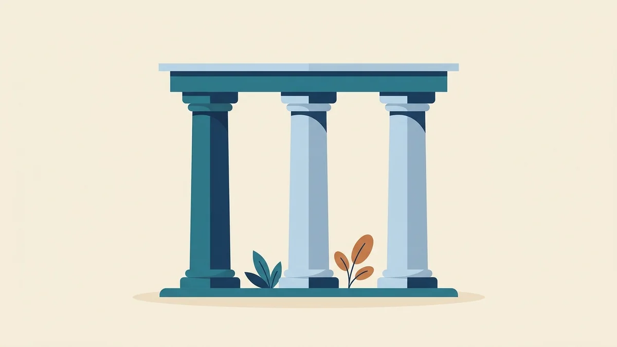 Three pillars supporting a beam, representing the three sections of the RBT Ethics Code
