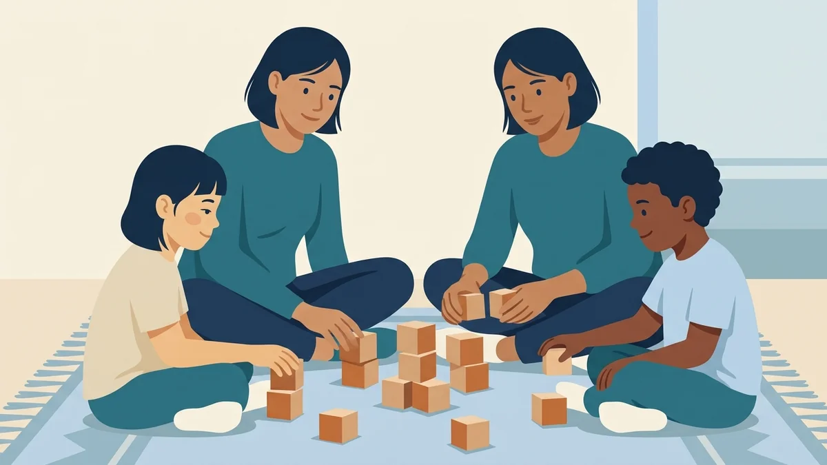 Adults and children playing together with blocks, representing compassion, dignity and respect