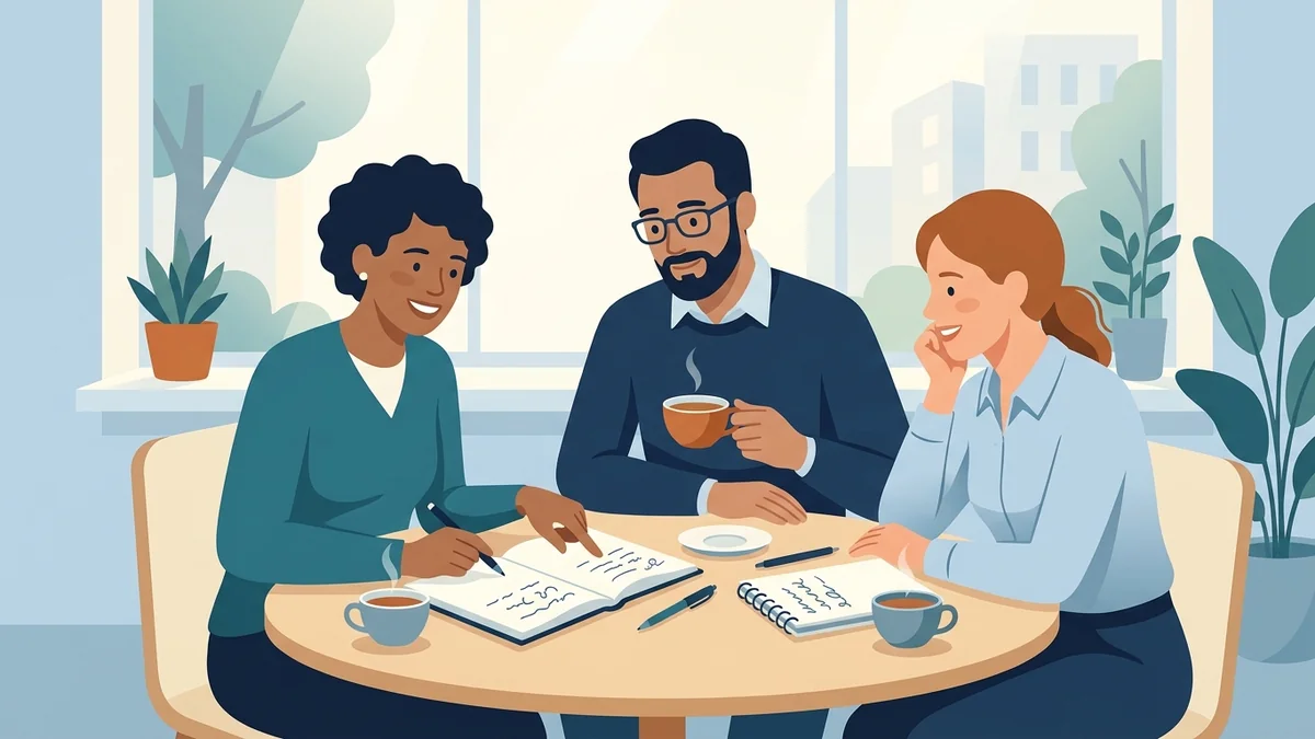 Three adults studying together over tea to ease exam nerves