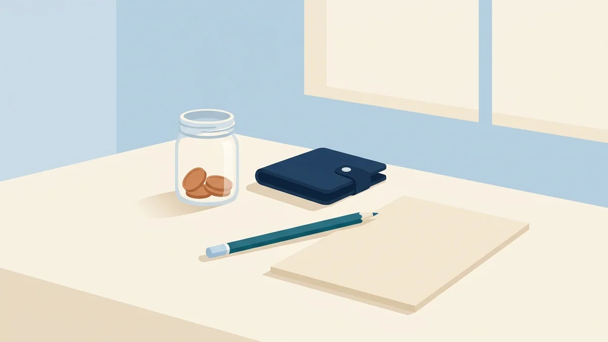 Desk with a coin jar, wallet and notepad for budgeting RBT exam fees