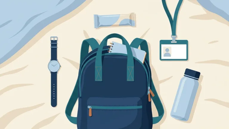 Backpack, ID badge, watch, water bottle and snack laid out for RBT exam day