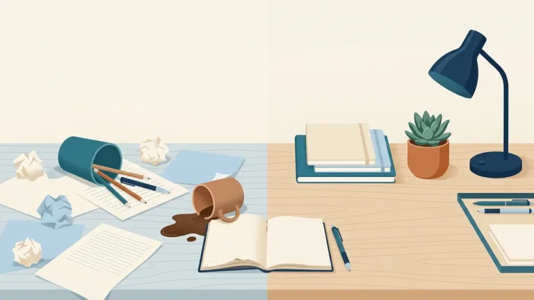 Study desk split between a messy side and an organised side, illustrating common RBT exam mistakes