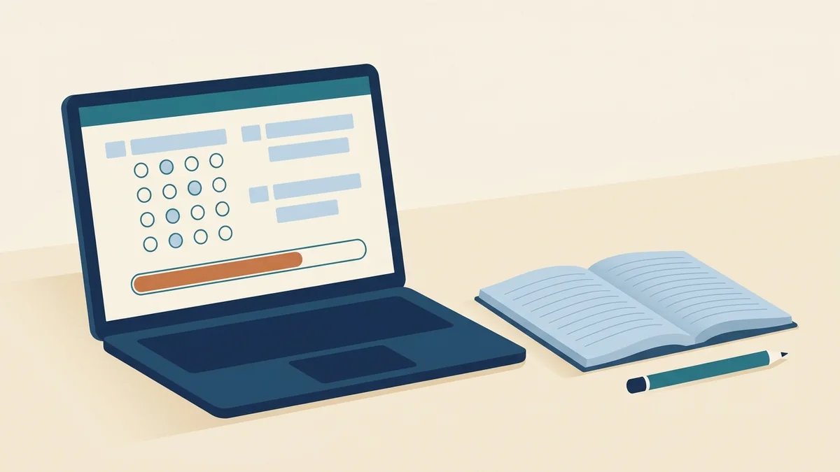 Laptop with a practice quiz and progress bar beside an open notebook