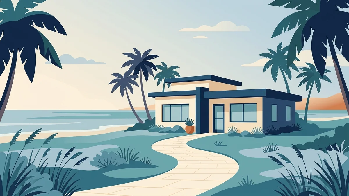 Florida coastal scene with palm trees and a small clinic