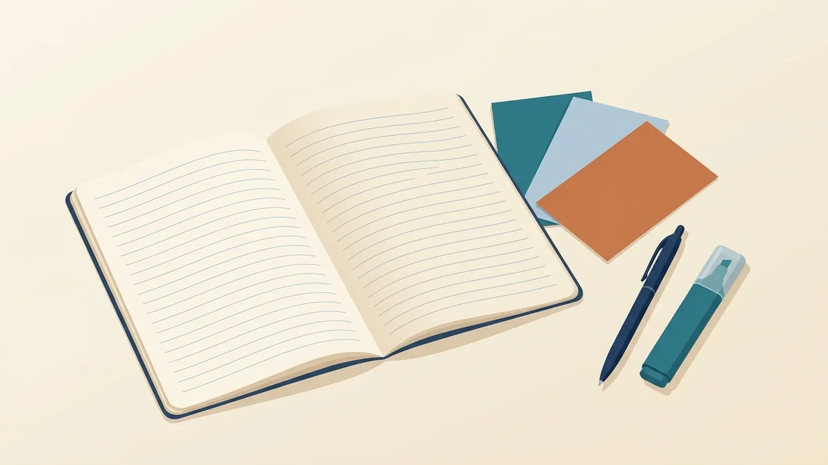 Open notebook with blank index cards and a highlighter for studying RBT exam terms