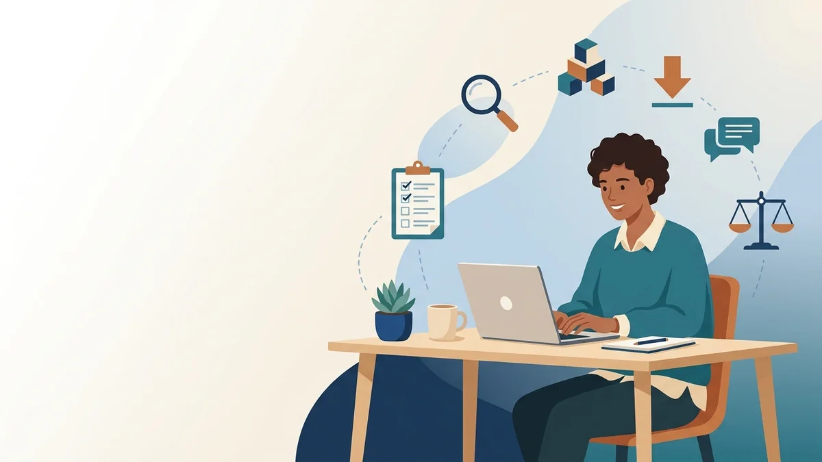 Student practicing for the RBT exam on a laptop, surrounded by icons for the six exam content areas