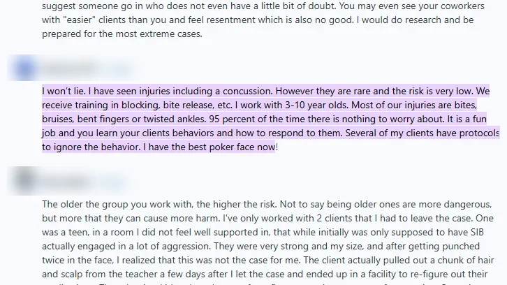 Comments from RBTs describing injury risks on the job and how training helps, usernames blurred